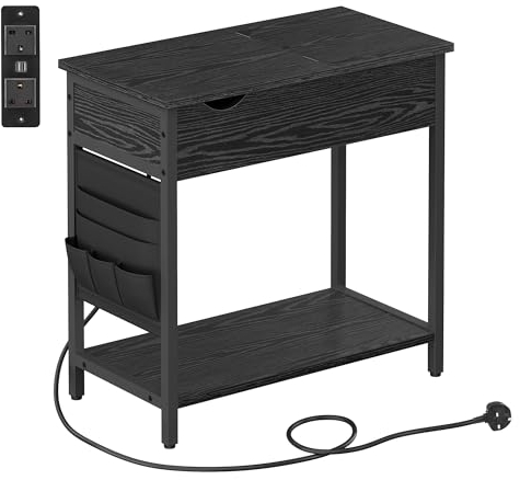 VASAGLE Slim Side Table with Charging Station, Narrow Bedside Table with Storage, End Table with USB Ports, Outlets, Fabric Bags, for Living Room, Bedroom, Black LET309B56