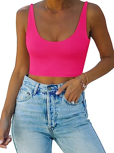 REORIA Damen Sexy Top mit tiefem U-Ausschnitt doppelt gefüttert nahtlos ärmellos kurzes Cami Tanktop Yoga Crop Tops Neon Rosenrot S