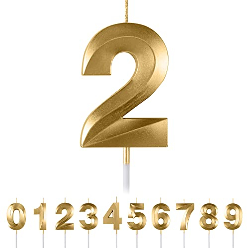 2nd Birthday Number Candles - 3D Gold Number 2 Candle for Boys & Girls Birthday Party Cake Toppers