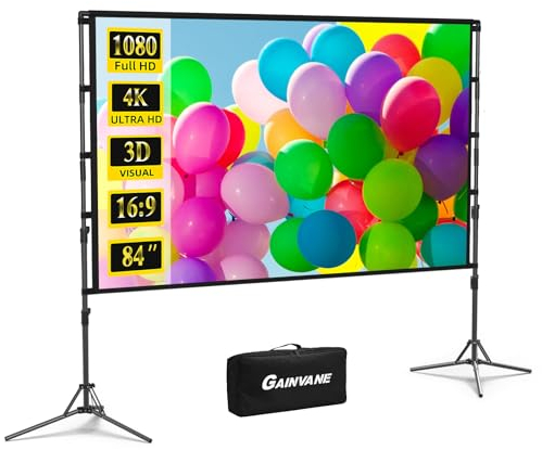 Projector Screen with Stand,84 inch Portable Projection Screen, Indoor Tripod Projector Screen 16:9 4K HD Rear Front Movie Screen with Carry Bag Wrinkle-Free Design for Home Theater Backyard Cinema