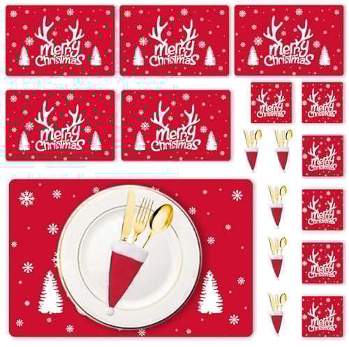 Christmas Table Decoration - 18Pcs Christmas Placemats Coasters Cutlery set, Christmas Placemats Sets, Christmas Table Mats, Home Table Mats, Washable Heat Proof Table Mats