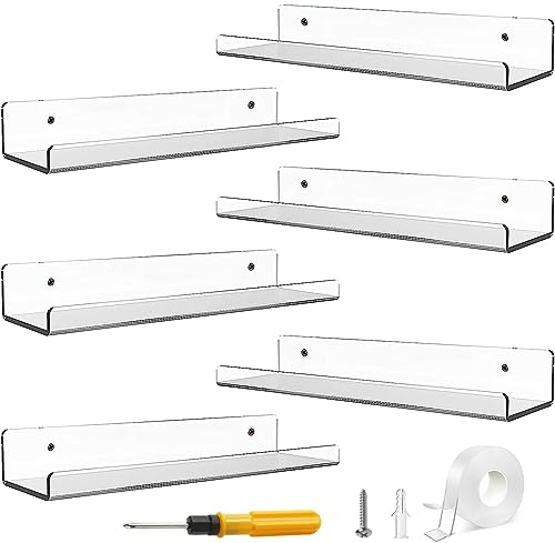 Viymgit 6er-Pack klare Acryl-Regale, Selbstklebende 38cm schwimmende Regal Wandhalterung für Home Organisation & Wanddekoration, Display Ledge Regale für Bad, Wohnzimmer, Schlafzimmer und Küche