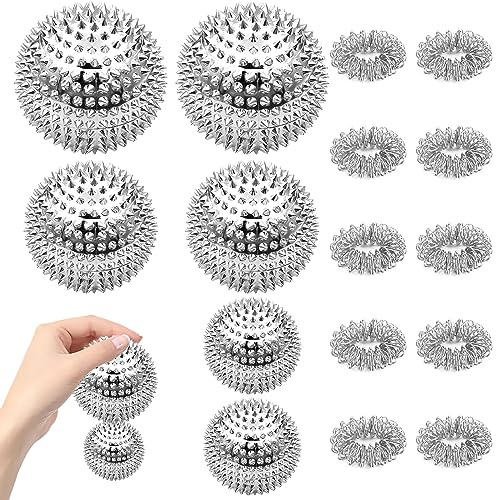VBXPOU 6 Stück Igelball Metall Magnetkugeln Fußmassage und 10 Stück Massageringe, Magnetische Massageball Magnet Kugeln Yoga Ball für Stress Relief Muskeln Entspannen