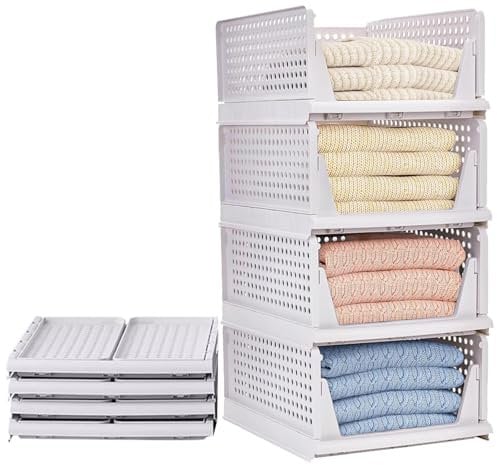 Yidaxing Organizer Armadio Cassettiere, Set di 4 Organizer Pieghevole Impilabili in Plastica per Armadio per Vestiti, Camera da letto, Casa, Cucina, Bagno, Bianco (43 x 33 x 72cm)