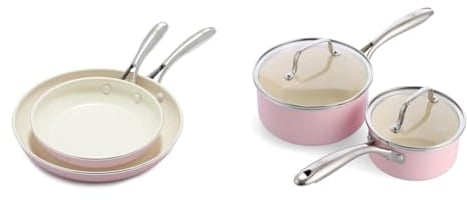 GreenLife Artizan Set de Sartenes y Cazos de Cerámica Antiadherente, Incluye Sartenes de 20cm y 26cm y Cazos de 14cm/1L y 18cm/2L con Tapas de Cristal, Sin PFAS, Inducción, Lavavajillas y Horno, Rosa