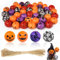 Furuising 50 Stück Halloween Holzperlen zum Auffädeln, 20mm Bunte Holzperlen mit Loch, Gruselige Gesichter, Skelett, Hexe, Spinnennetz Perlen Holz mit 10m Juteschnur für Halloween Party Supplies
