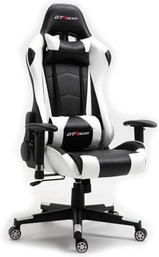 GTRacer Pro Gaming - Silla de oficina ergonómica con reposabrazos ajustables, piel sintética, incluye cojín lumbar y almohada (negro - blanco)
