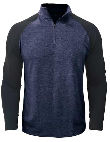 Kuukaas Polo Sport Long Sleeve T Shirts for Men UK Gym Tops for Men Long Sleeve Running Top Men Quarter Zip Golf Shirts for Men Outdoor Sports T Shirt Navy Blue XXL