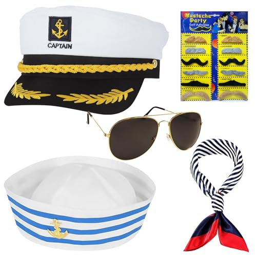 Kapitänsmütze, 5 Stück Matrosenmütze Set, Yacht Kapitän Hut mit Sonnenbrille Handschuhe Quadratischer Schal, Kapitän Prop, Matrosen Kostüm Accessoires, Captain Kostüm für Partys Karneval Cosplay