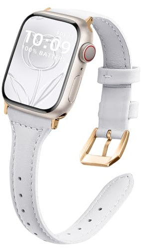 WoPail Leather Straps for Apple Watch Strap 42mm 44mm 45mm 46mm 49mm, Women Replacement Genuine Leather Slim Strap for Apple Watch Series 11 10 9 8 7 6 5 4 3 2 1/SE/Ultra - White