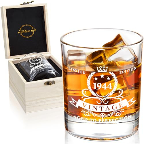 LIGHTEN LIFE 80th Birthday Gifts for Men 340ml,1945 Whiskey Glass in Valued Wooden Box,80th Birthday Bourbon Glass for 80 Years Old Dad,Husband,Friend,Bday Gift Ideas
