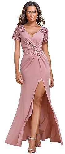 Ever-Pretty Robe pour Mariage Invité Femme Longue Moulante Fendue Manches Courtes Col V Chic Rose Poussiéreuse 42