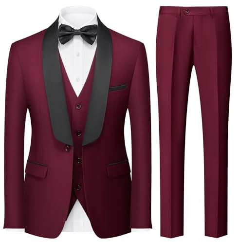 KUDORO Traje para hombre de corte ajustado, 3 piezas, traje de hombre para boda, 3 partes, un botón, traje de hombre para baile, chaqueta, chaleco, pantalones, burdeos, S