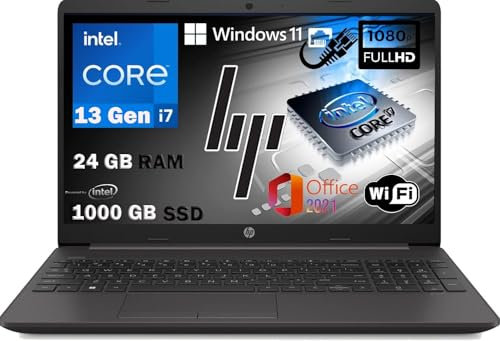 HP Notebook 250 G10, PC portátil Grey, Intel Core i7 1335U 13Th Gen 5 GHz, RAM 24 GB, SSD 1000 GB, pantalla 15,6 Full HD, Win 11 Pro, Office, ordenador listo para usar