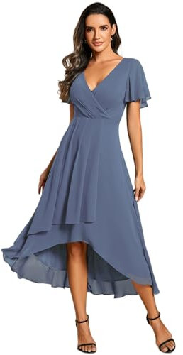 Ever-Pretty Robe D'Invité Jupe Trapèze Col en V Manches Volantées Robe Femme Chic Et Elegant Belle Robe Soirée Voilet Foncé 36 Bleu Brume 38