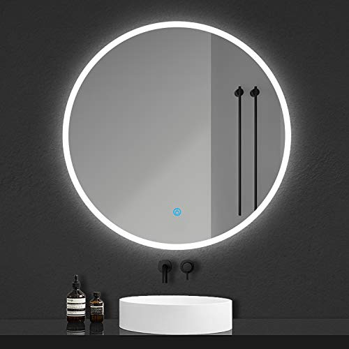 Acezanble 80cm Round LED Bathroom Mirror with Light, Wall Mounted Vanity Mirror, Anti-fog, 3 Colors Dimmable Light, Memory Function, IP44, Illuminated Makeup Circle Mirror for Bathroom