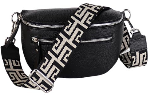 MIRROSI® Damen Bauchtasche Umhängetasche 27x14,5x8cm Damen, Made in Italy, aus Echtleder Tasche Echtes Leder, Brusttasche, Crossbody Bag,Bohemian Style (1 Tasche 2 Gurte) (Schwarz NN)