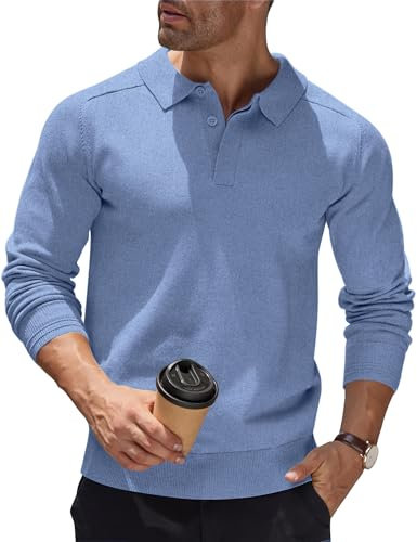 COOFANDY Men's Jumper Poloshirt Winter Jumper Tops Casual Smart Long Sleeve Polo Shirts Sweatshirts Knitted Jumpers Thermal Jumpers Blue XL