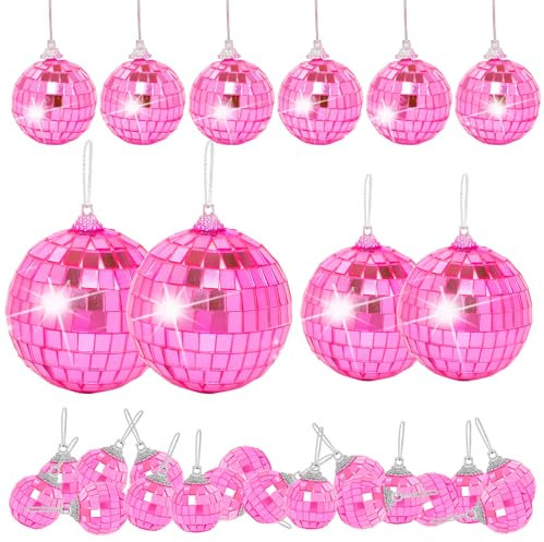 Pink Mini Disco Ball Decor: 28 Pack Hanging Mirror Ball Ornaments Different Sizes - Disco Balls Decorations Bulk for Party Christmas Tree Cake Room Birthday (1.2 Inch, 1.6 Inch, 2 Inch, 2.4 Inch)