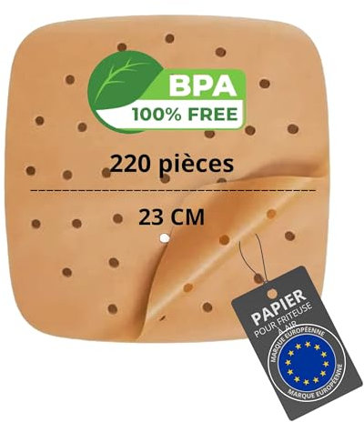 200/220 Piezas Papel Freidora Aire de 20-24cm BPA Free | Accesorios Air Fryer en Formato Cuadrado y Plano | Compatible para 5-7 Litros. (220 Planas)