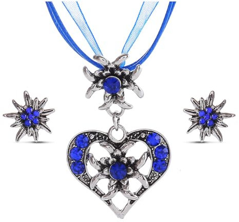 Bieiyhe Trachtenschmuck Damen Set, Dirndl Schmuck Oktoberfest Accessoires, Trachtenkette und Ohrringe, Outfit zum Oktoberfest, Dirndl Halskette, Dirndlschmuck Herz mit Edelweiss und Saphirblaues Band