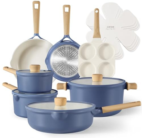 CAROTE Nonstick Pots and Pans, Cookware Set 15pcs Blue Kitchen Cookware Sets, Pots and Pans Set Induction Cookware