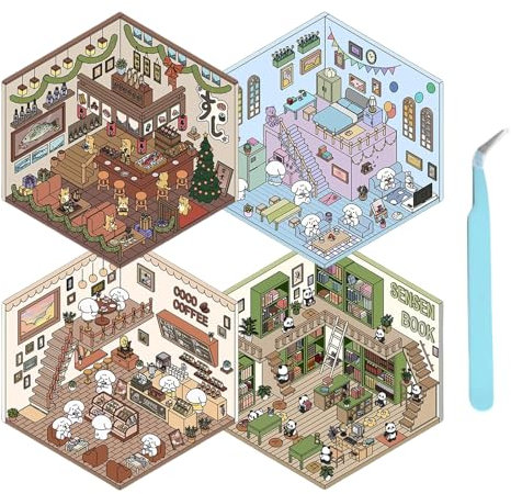 Cosmeria 4 Sätze DIY 3D Hausaufkleber Set Typ A Supermarkt Kaffeehaus Buchhandlung Restaurant + 2 Pinzetten Kreative Szene Spaß Stacking