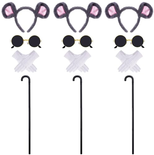 baotongle Lot de 12 accessoires de costume de souris pour Halloween, bandeaux de souris, lunettes de soleil rondes, plissées, gants blancs pour carnaval, fête