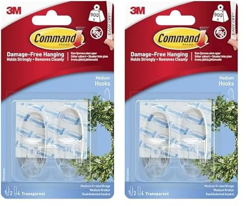 Command Medium Hook, Pack of 4 Hooks and 4 Adhesive Strips, Transparent - Damage Free Hanging - Holds up to 900g