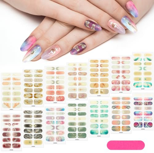 JSRQT 14 Sheets Moon Star Full Warp Nail Polish Stickers, Constellations Nail Art Stickers Decals, Self-Adhesive Colorful Gold Design Nail Warps Strips for Women Girls Nail Tips Decoration