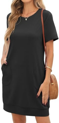PrinStory Short Sleeve Summer Dresses For Women Causal Basic Tshirt Mini Dress With Side Pockets Beach Holidays (Black,M)