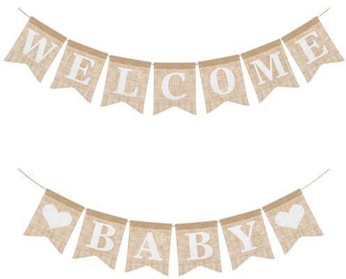 Welcome Baby Burlap Banner Flags, Pre-Strung Burlap Welcome Baby Banner, Adorable Baby Shower Decoration Banner, Baby Arrival Banners, Elegant Baby Announcement Sign for Boy and Girl