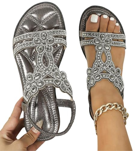 Glitzer Sandalen Damen Sommer Elegant Flach Strass Schuhe Mädchen Sommerschuhe Frauen Bequem Weichen Sohlen Damensandalen Gummiband Slingback Sandaletten Strandschuhe