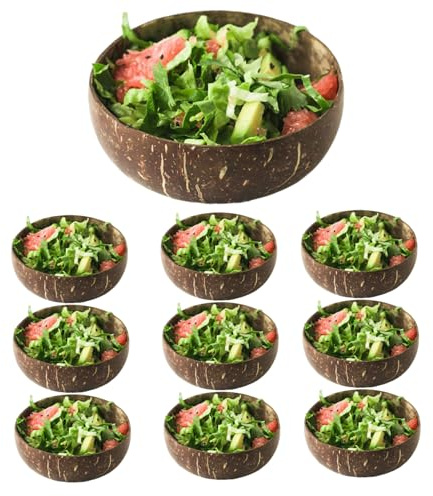 Hbbgdiy Kokosnussschalen Set von 10, 300 ml natürlicher biologisch abbaubarer Kokossalatschalen mit Anti-Rutsch-Basis für Obst, Joghurt, Dessert, Küche, veganes Geschenk