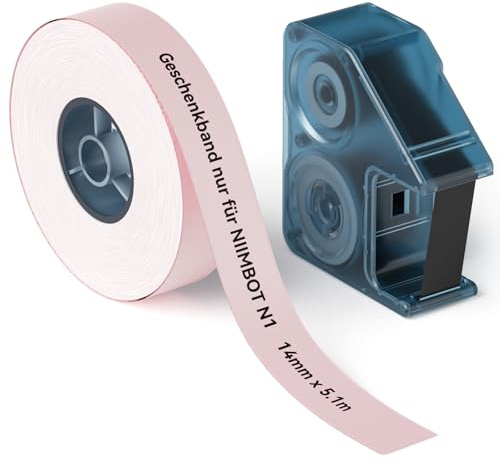 NIIMBOT N1 Satinband Set, Geschenkband nur für N1 Etikettendrucker, Satinband Bänder für Geschenke, Hochzeiten, Partys, Bastelverpackungen, DIY, Rosa Band (14 mm x 5,1 m) mit Schwarzem Carbon