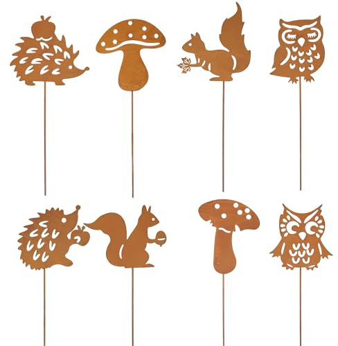 8er Gartendeko Rost Gartenstecker, Garten Herbstdeko Metall für Herbstdeko Draußen, Rostoptik Gartendeko mit Igel, Eule, Pilze, Eichhörnchen für Innen Blumentopf, Terrasse Bonsai, Garten Deko(25.2cm)
