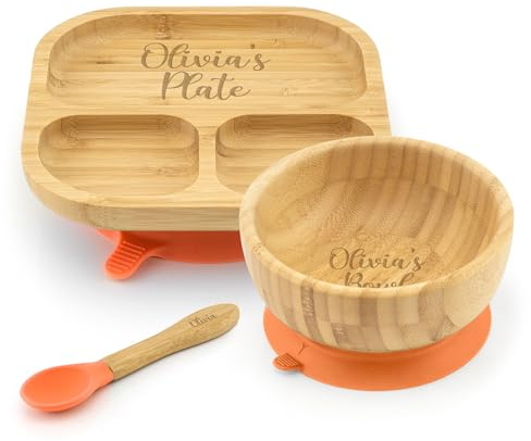 Personalised Bamboo Kids Toddler Plate & Bowl Set - Custom Engraved Bamboo Kids Plates and Bowls Set with Spoon - Dinner Set for Weaning, 1st Birthday or Baby Gift (Orange)