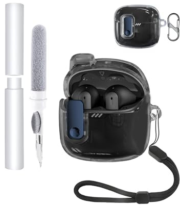 toergy Funda para JBL Tune Flex 2 Earbuds, suave TPU transparente, impermeable, a prueba de golpes, protección contra arañazos, fácil de llevar, con cordón, llavero y kit de limpieza (negro