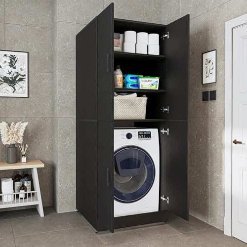 ROOMART Waschmaschinenschrank Dora für Waschmaschine & Trockner, mit Regalböden, 5 Farben wählbar (Schwarz-Eiche, Ohne Aufsatzschrank: (HBT): 186 x 70 x 73,8 cm)