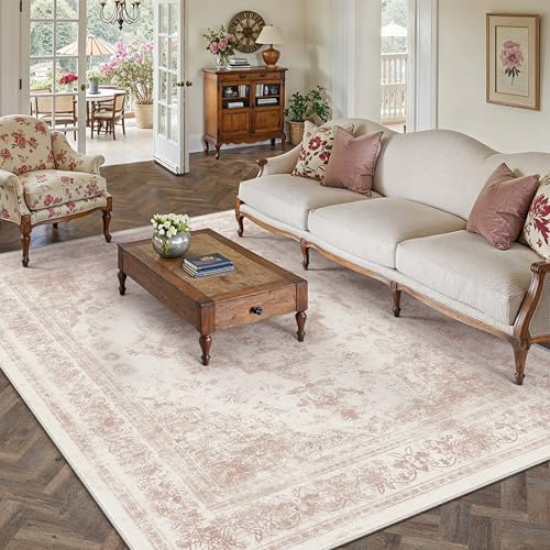 HUGEAR Rosa Vintage Teppich Wohnzimmer 150x210cm Waschbar | Waschbarer Retro Teppich,Weich,Rutschfest Kurzflor,Groß,für Wohnzimmer,Schlafzimmer, Esszimmer,Büro,Carpet,Teppiche