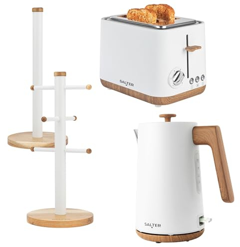 Salter Toronto White Kitchen Set – 1.7L 3KW Kettle, 2-Slice Toaster, Mug Tree & Kitchen Roll Holder, Rapid Boil, 6 Browning Levels, Wide Slots, Acacia Wood Design, Cordless, Removable Crumb Tray