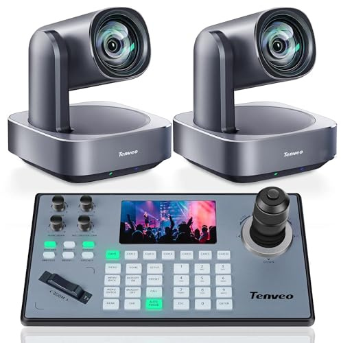 Tenveo PTZ Camera and Controller Bundle/Kits - 4K 12X AI Auto Tracking HDMI/USB3.0/LAN(PoE) PTZ Camera(2PCS) and 5'' LCD Screen Joystick Controller for Church Service Events Live Streaming