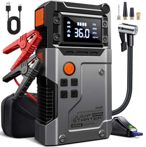 Avviatore Batteria Auto 6000A, Booster Avviatore Auto con Compressore 160PSI (per 12V 10.0L GAS e 8.0L DIESEL), Jump Starter 5V/3A,LED,Starter Batteria LCD,Avviatore Emergenza USB