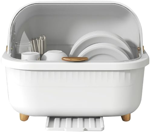 Égouttoir à vaisselle avec couvercle, égouttoir de cuisine peu encombrant, boîte de séchage de vaisselle, plateau égouttoir à couverts, bol en plastique et support à assiettes (Blanc moyen, hauteur :