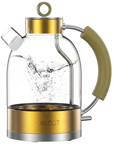 ASCOT Electric Kettle 1.5L, Glass Electric Tea Kettle 2200W Fast Boiling, BPA-Free, Cordless, Auto Shut-Off, Boil-Dry Protection - Gold
