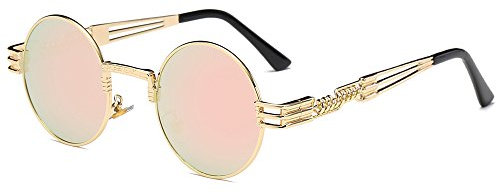 BOZEVON Retro Steampunk Style inspiré Round Metal Circle Lunettes de soleil pour femmes et hommes, Or-Rose miroir