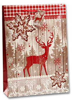 Bambelaa! 12 Stück Geschenktüten Weihnachten Geschenktaschen Groß Papiertüten Weihnachtstüten 157 g Papier Rot Braun Beige Glänzend (Ca. 25x8,5x34 cm)
