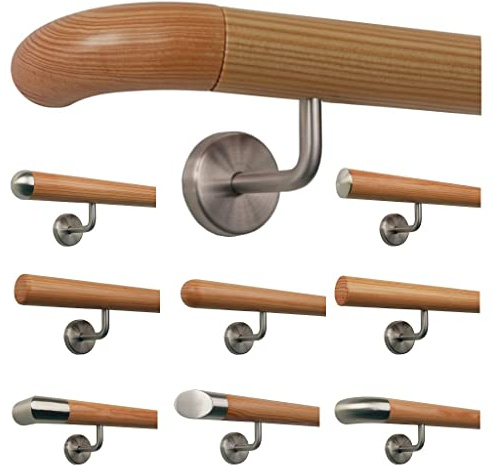 Lärche Holz Treppe Handlauf Geländer Griff gewinkelte Edelstahlhalter, Länge 30-500 cm aus einem Stück/Variante:380 cm mit 5 Halter - Enden:Holzkrümmling
