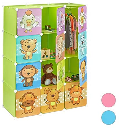 Relaxdays, grün Steckregal Kinderzimmer, süße Tiermotive, Türen, Kleiderstangen, Kunststoff Kleiderschrank HxB 145x110cm