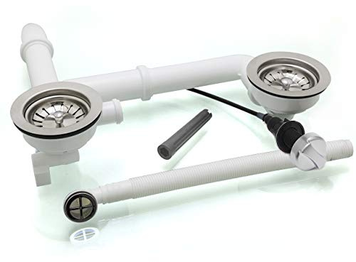 Spülenablauf 3 1/2 für Doppelbecken mit rundem Überlauf 2 x Siebkorbventil Ø 114 mm Ablaufgarnitur EXA35/2-RS-1-9-6 mit Drehexcenter Auswahl Matt-Chrom (Silber)